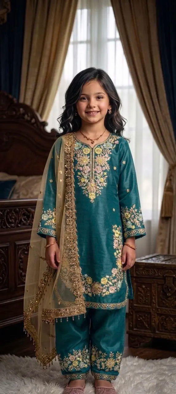 Girls’ Embroidered GMY Silk Salwar Kameez Set with Dupatta FZ-PR-09