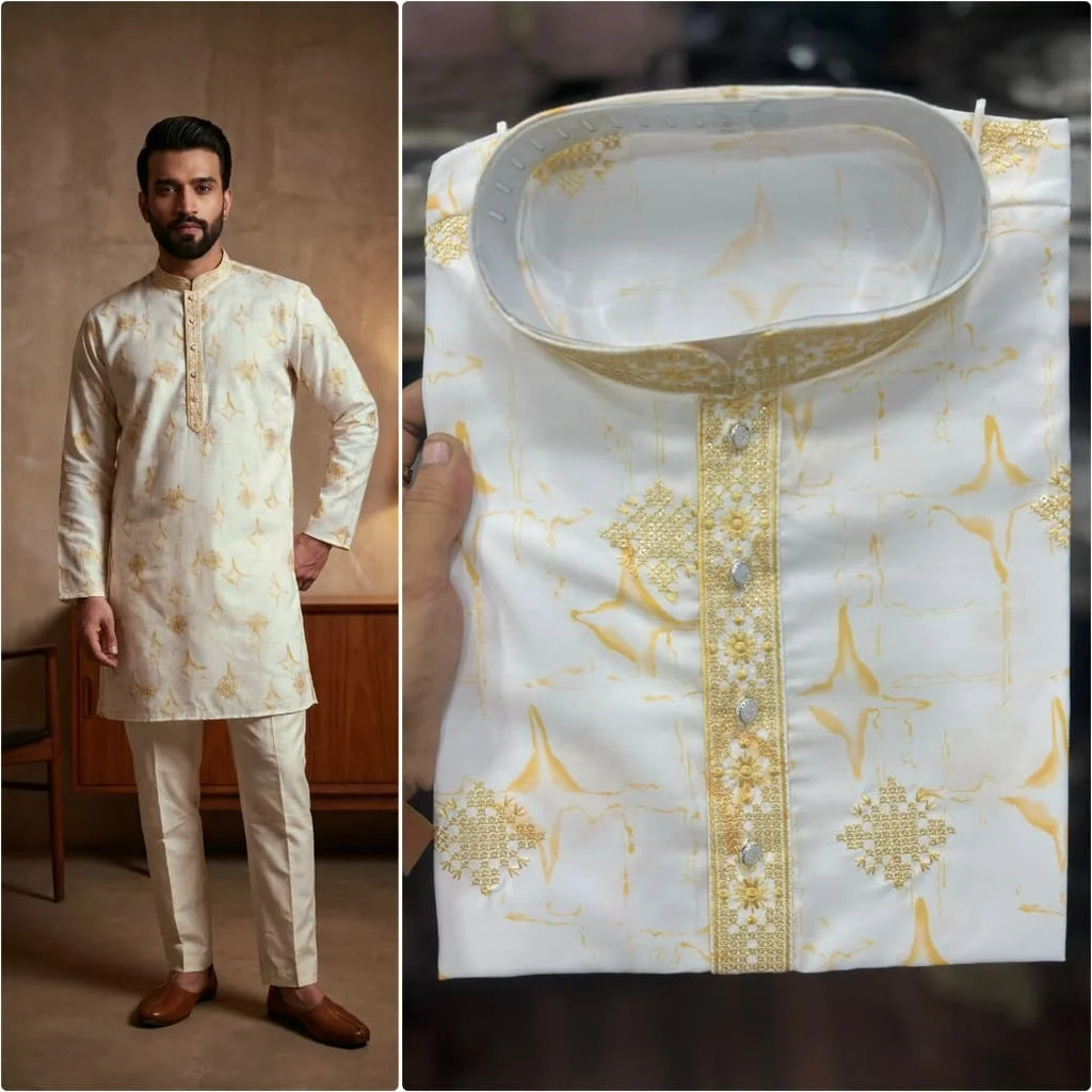 Men's Embroidered Star Silk Kurta Pyjama Set FZ-PR-18