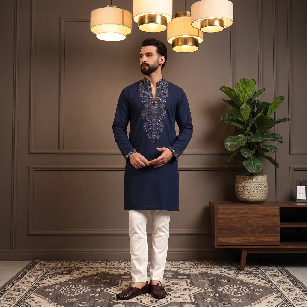 Men's Embroidered Star Silk Kurta Pyjama Set FZ-PR-19