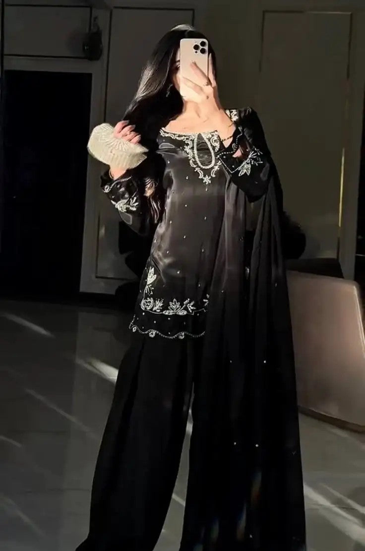 Women's Natural Satin Embroidered Top Farshi Palazzo Set FZ-PR-57