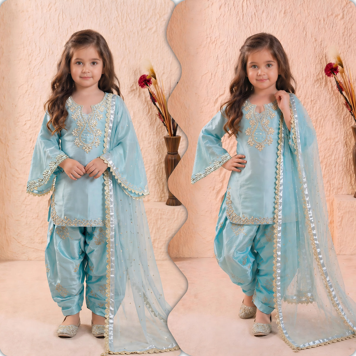 Girls’ Embroidered Roman Glass Silk Palazzo Suit Set FZ-PR-07