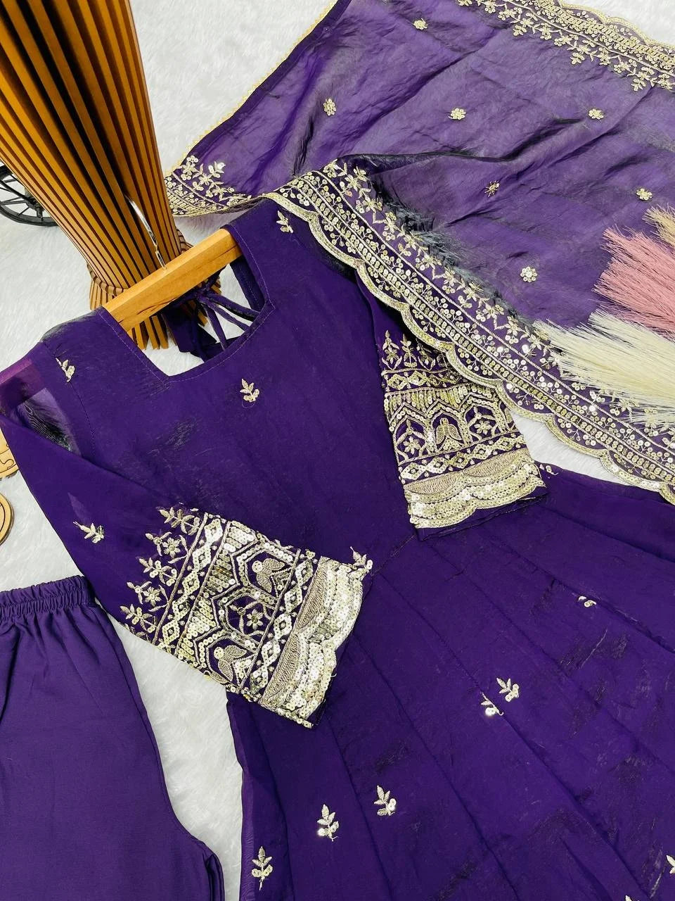 Girls' Purple Embroidered Fendy Silk Anarkali Gown Set FZ-PR-25