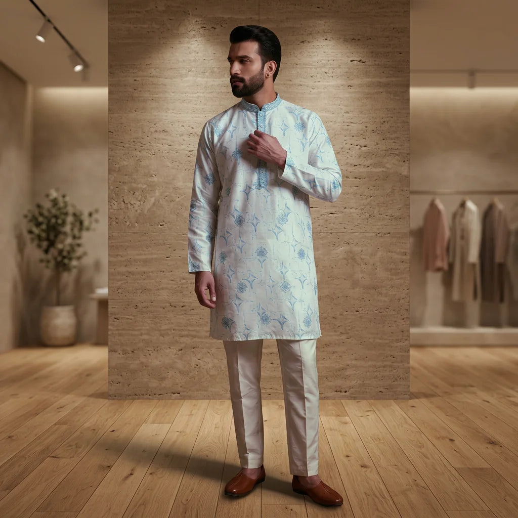 Men's Printed Star Silk Kurta Pyjama Set FZ-PR-17