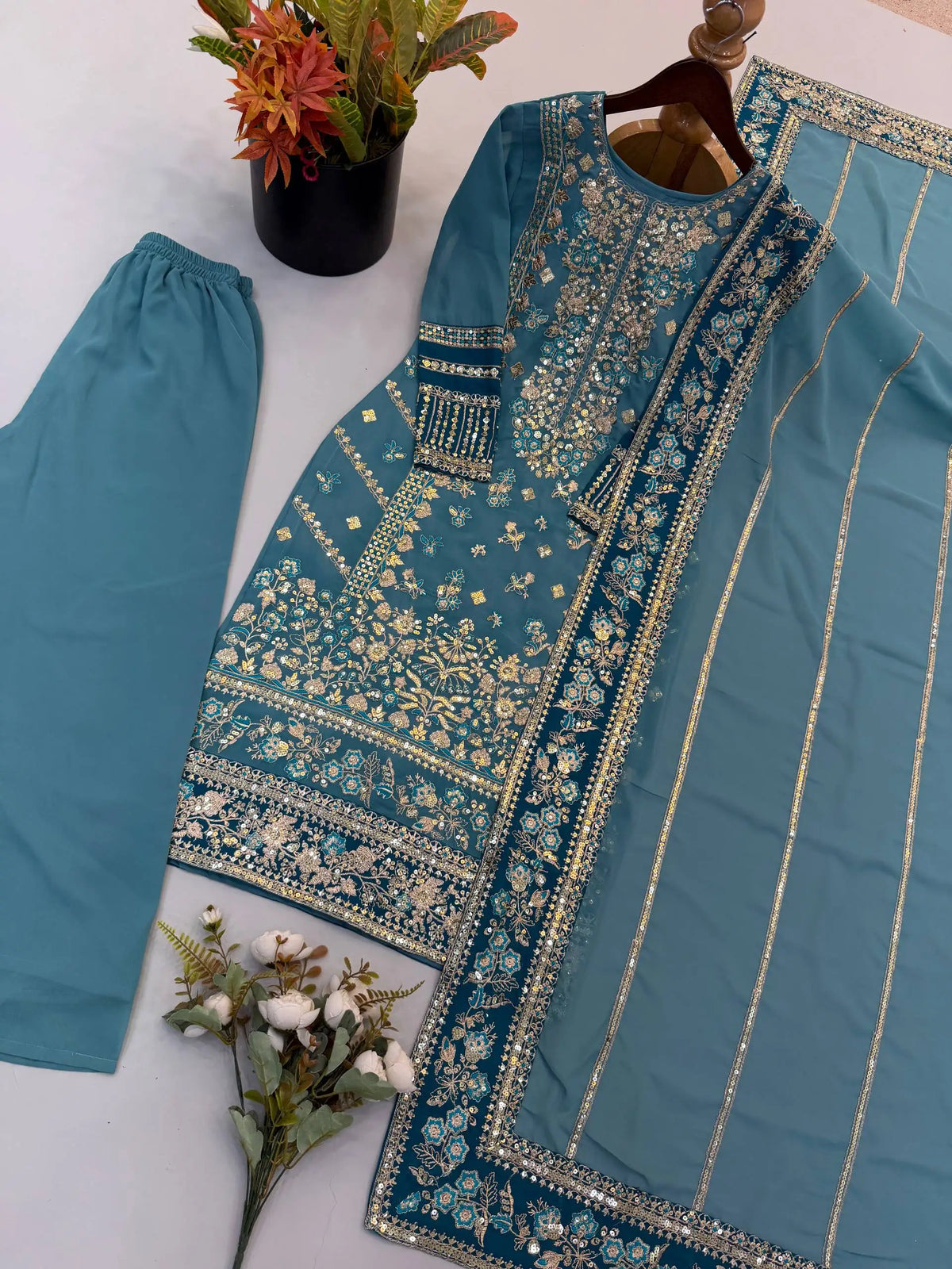 Heavy Embroidered Fox Georgette Three-Piece Party Wear Suit FZ-PR-03